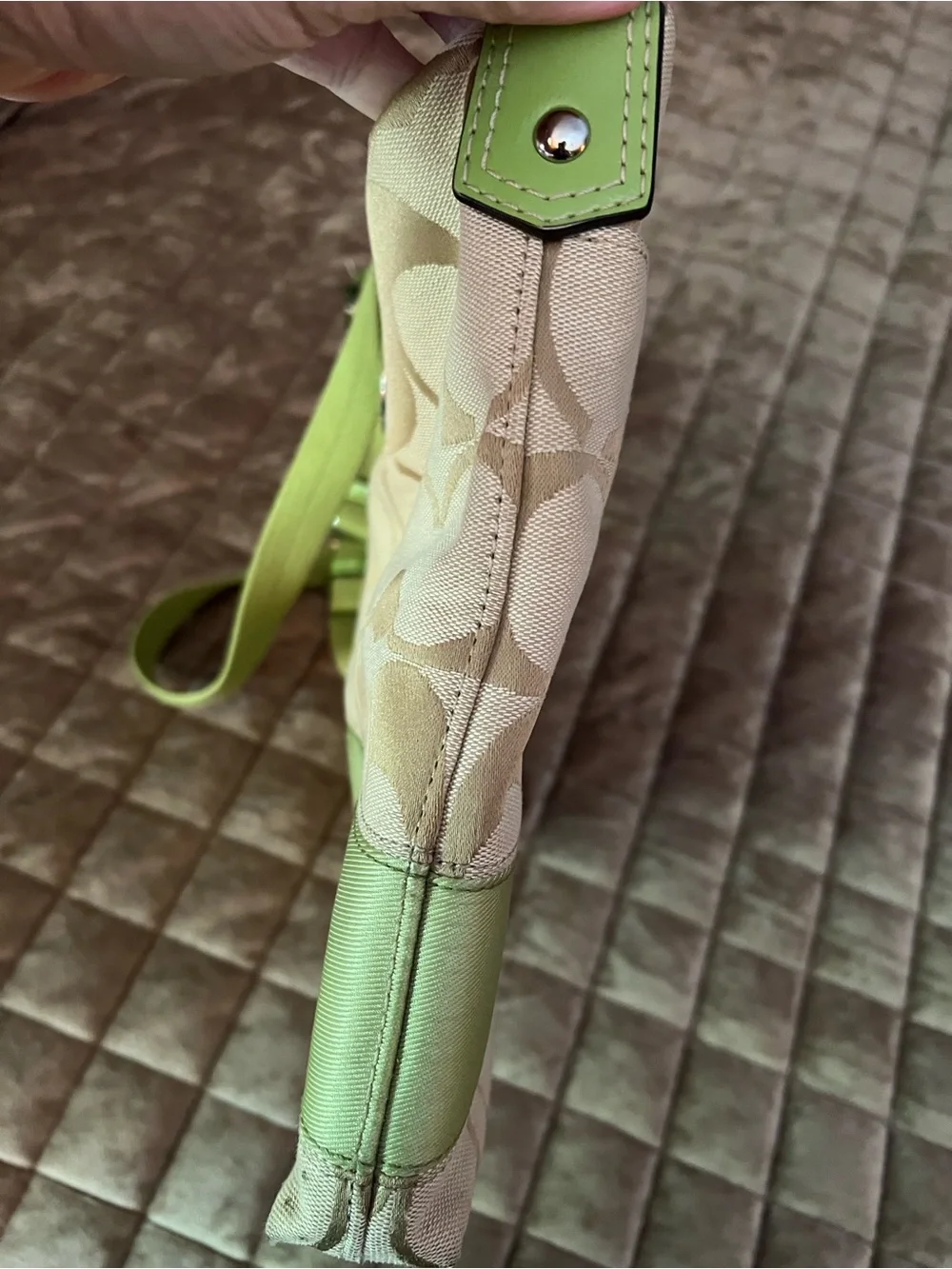 Coach Khaki Signature Crossbody with Lime Trim
